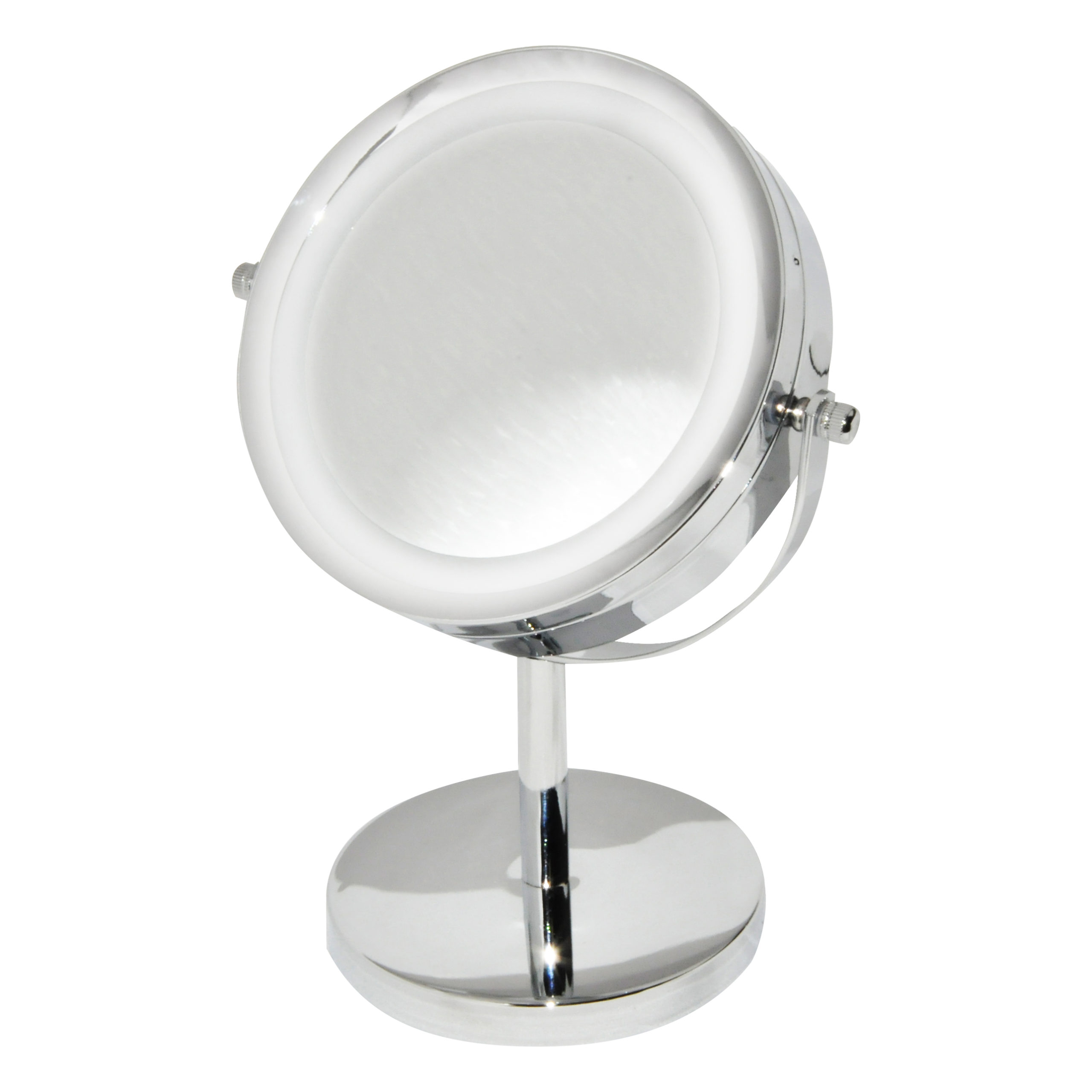 ESPEJO METAL C/PIE REDONDO C/LUZ 5X (25CM DE ALTO)